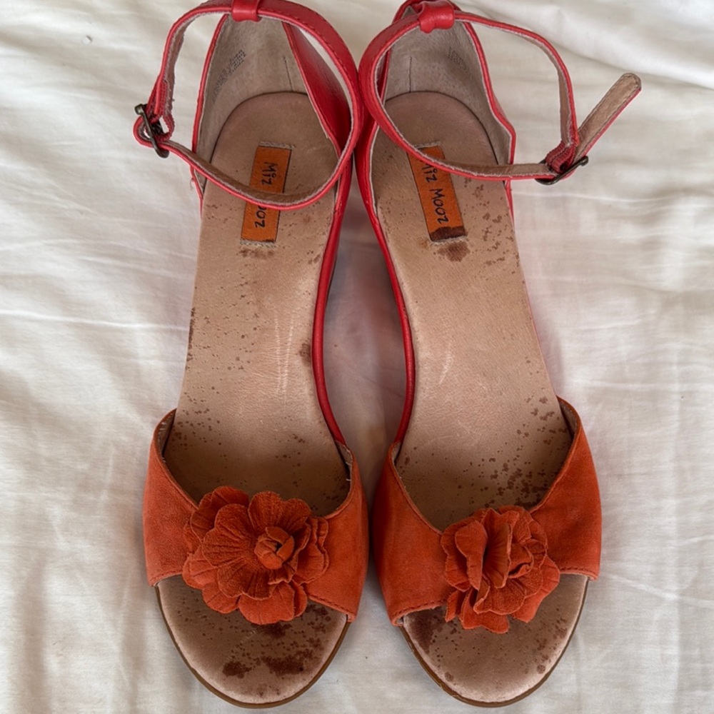 Miz Mooz Orange Sandals with Ankle Straps and Floral Design